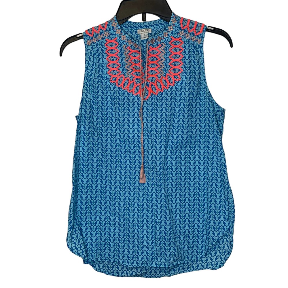 J.Crew Women's Tank Top Lightweight Embroidered Tassels Teal Neon Orange Size 2